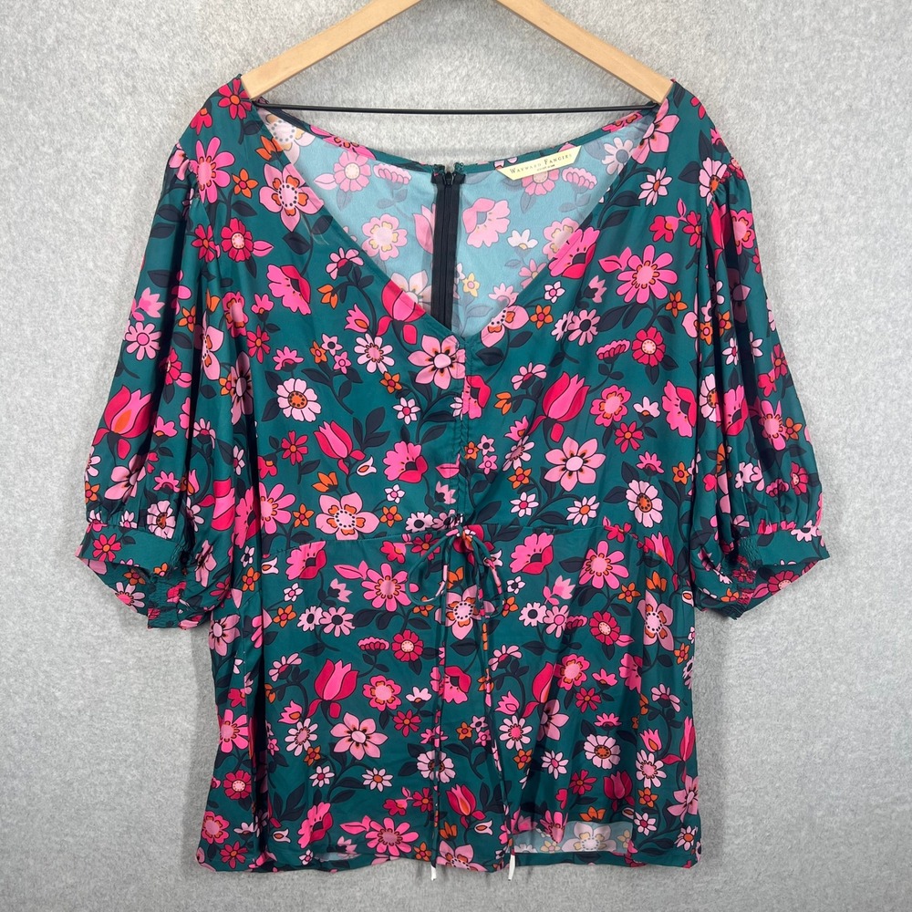 Wayward Fancies eShakti Blouse Women 4X-28W Teal Floral Drawstring V-Neck EUC